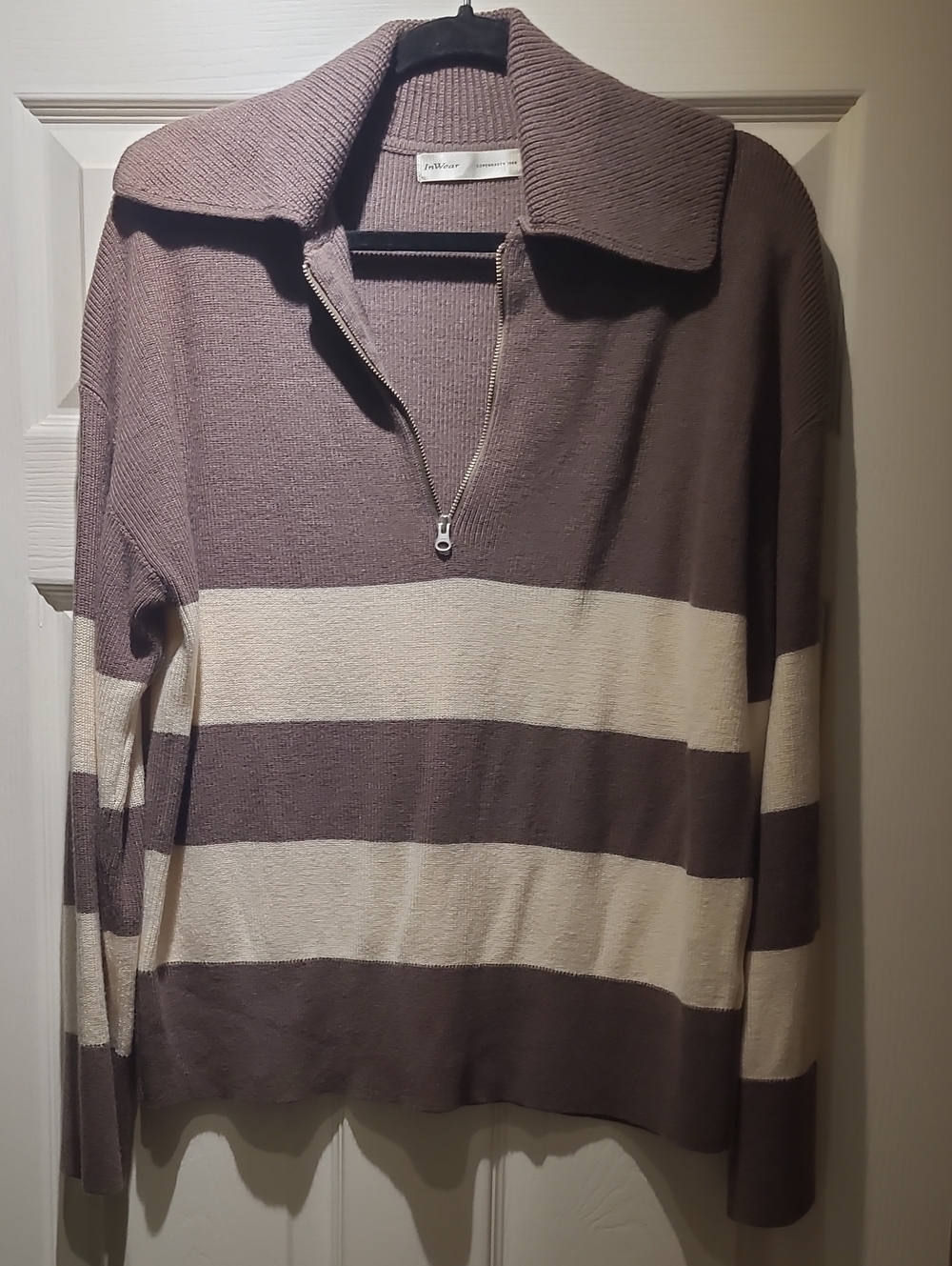 Half-Zip Striped Cowl Sweater in Taupe & Cream